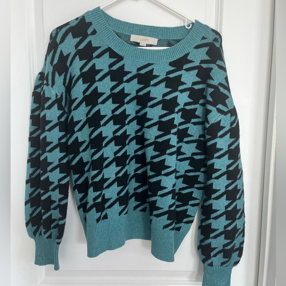 LOFT Teal and Black Houndstooth Sweater